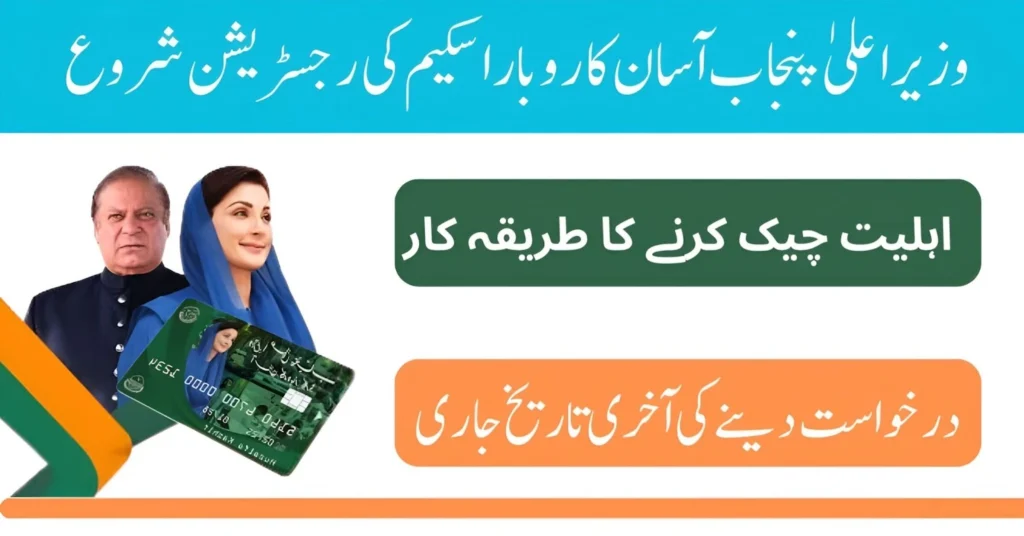 An informational banner about the Chief Minister Punjab Easy Business Scheme, featuring images of Nawaz Sharif and Maryam Nawaz, along with details of the scheme.